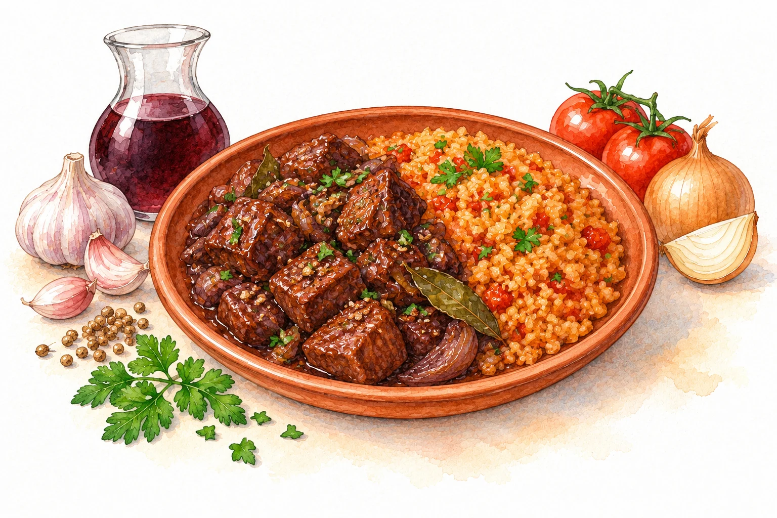 Afelia with Pourgouri served in a rustic Mediterranean setting