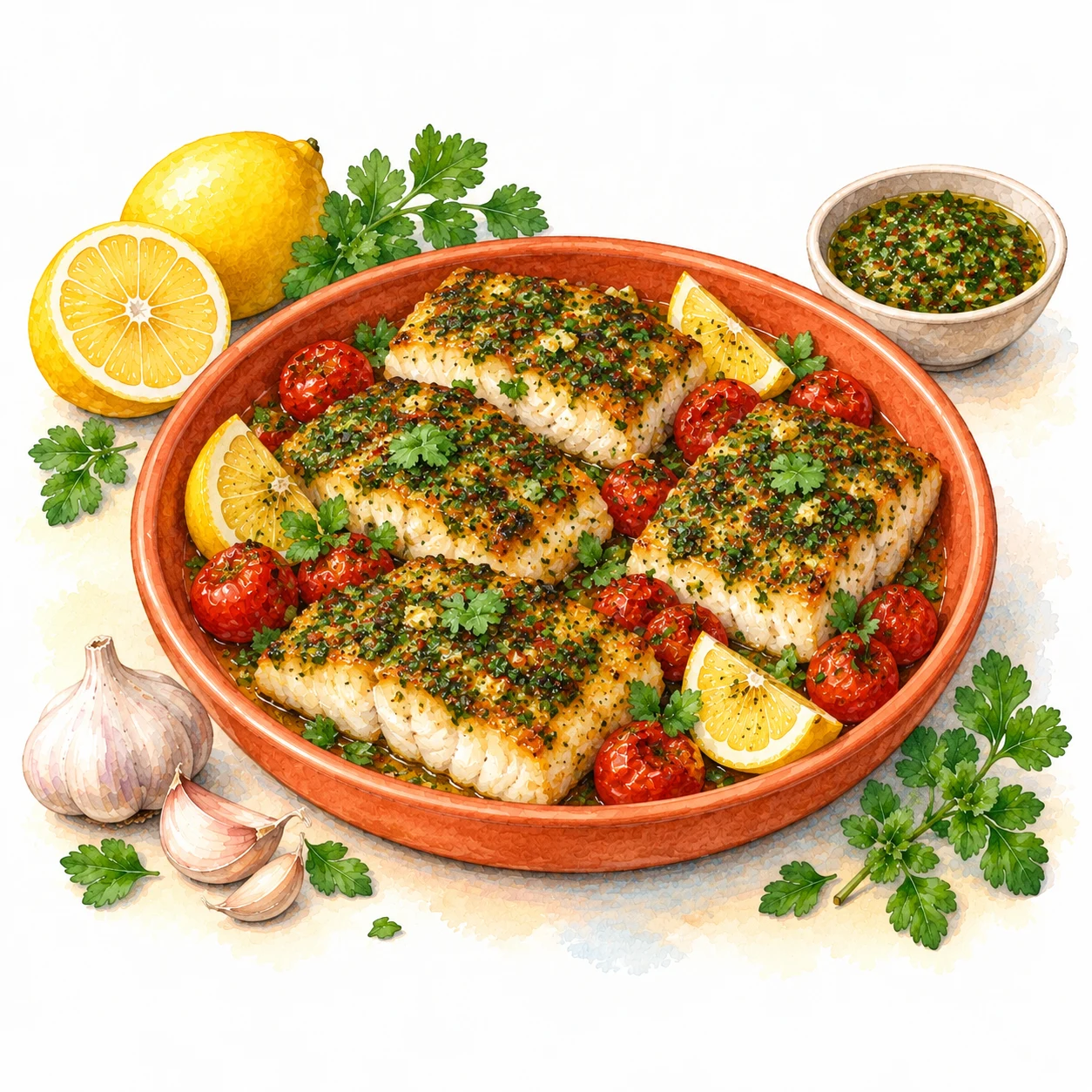 Air-fried cod with green chermoula and cherry tomatoes