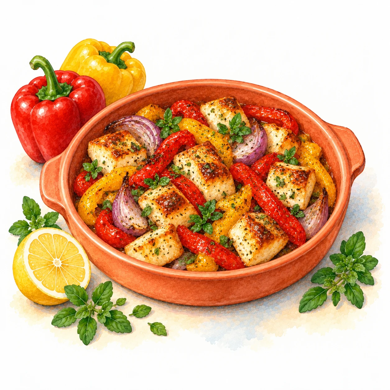 Golden air-fried halloumi with red and yellow peppers