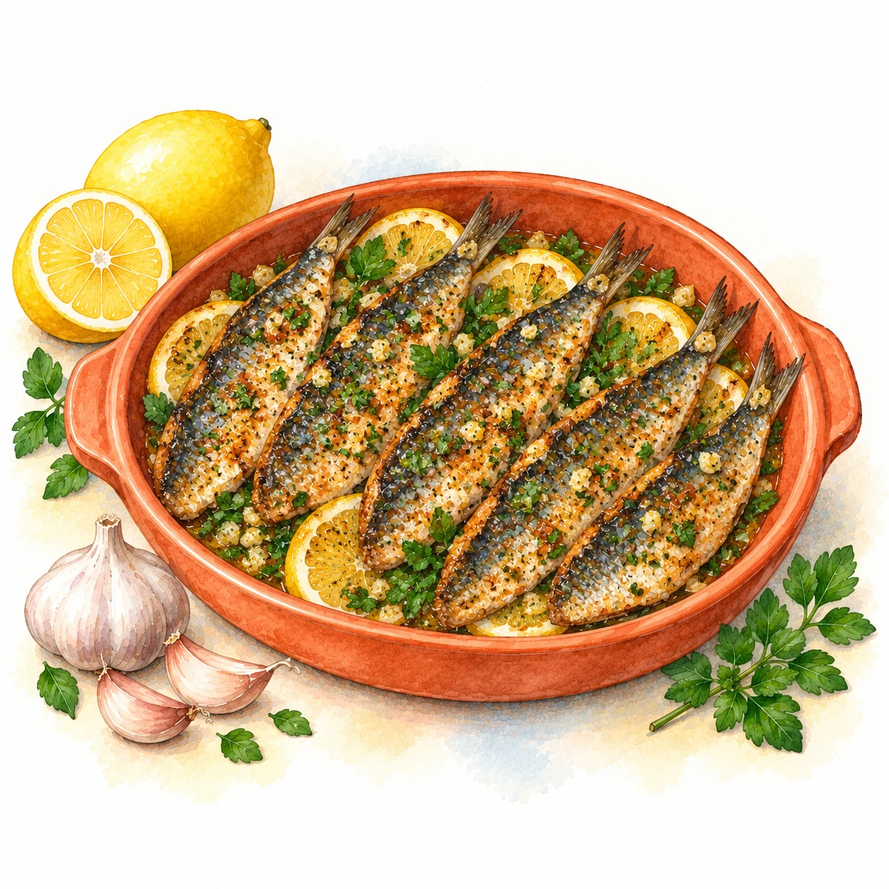 Crisp air-fried whole sardines with lemon garlic and parsley
