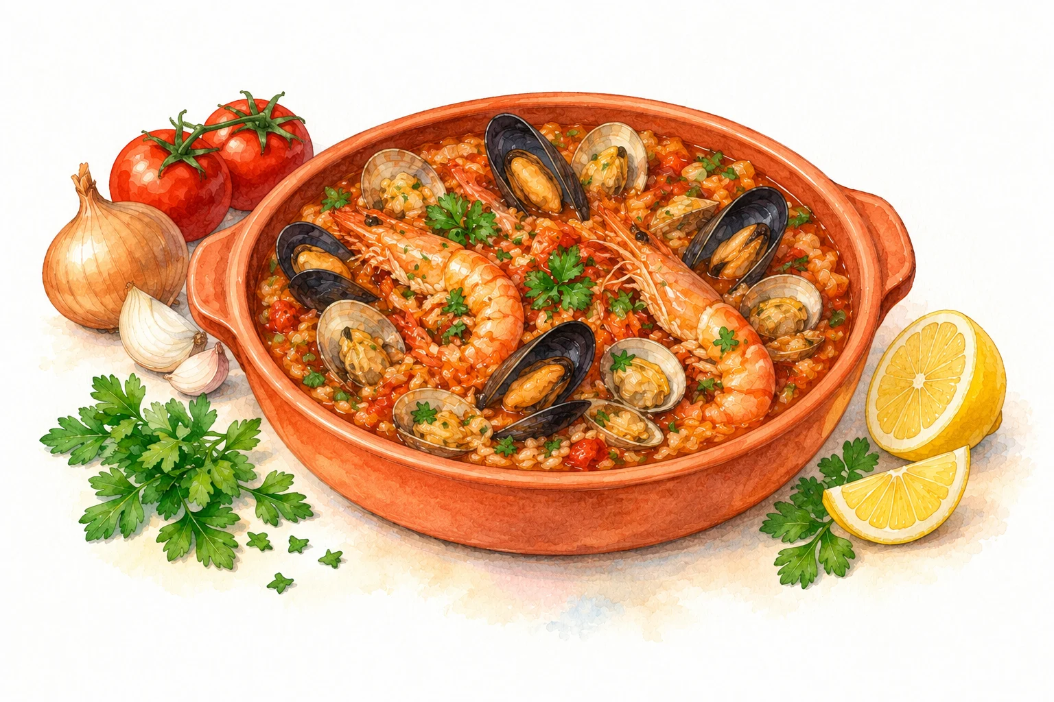 Arroz de Marisco served in a rustic Mediterranean setting