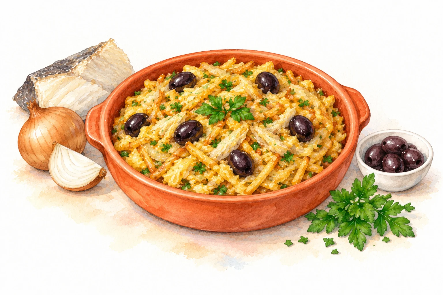 Bacalhau à Brás served in a rustic Mediterranean setting