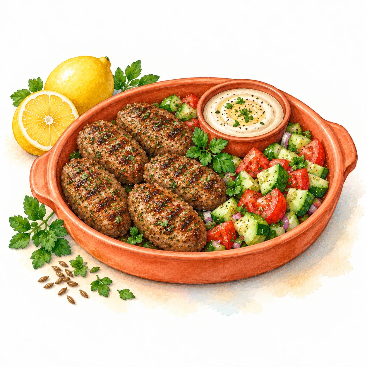 Grilled beef kofta with cucumber tomato salad and tahini sauce