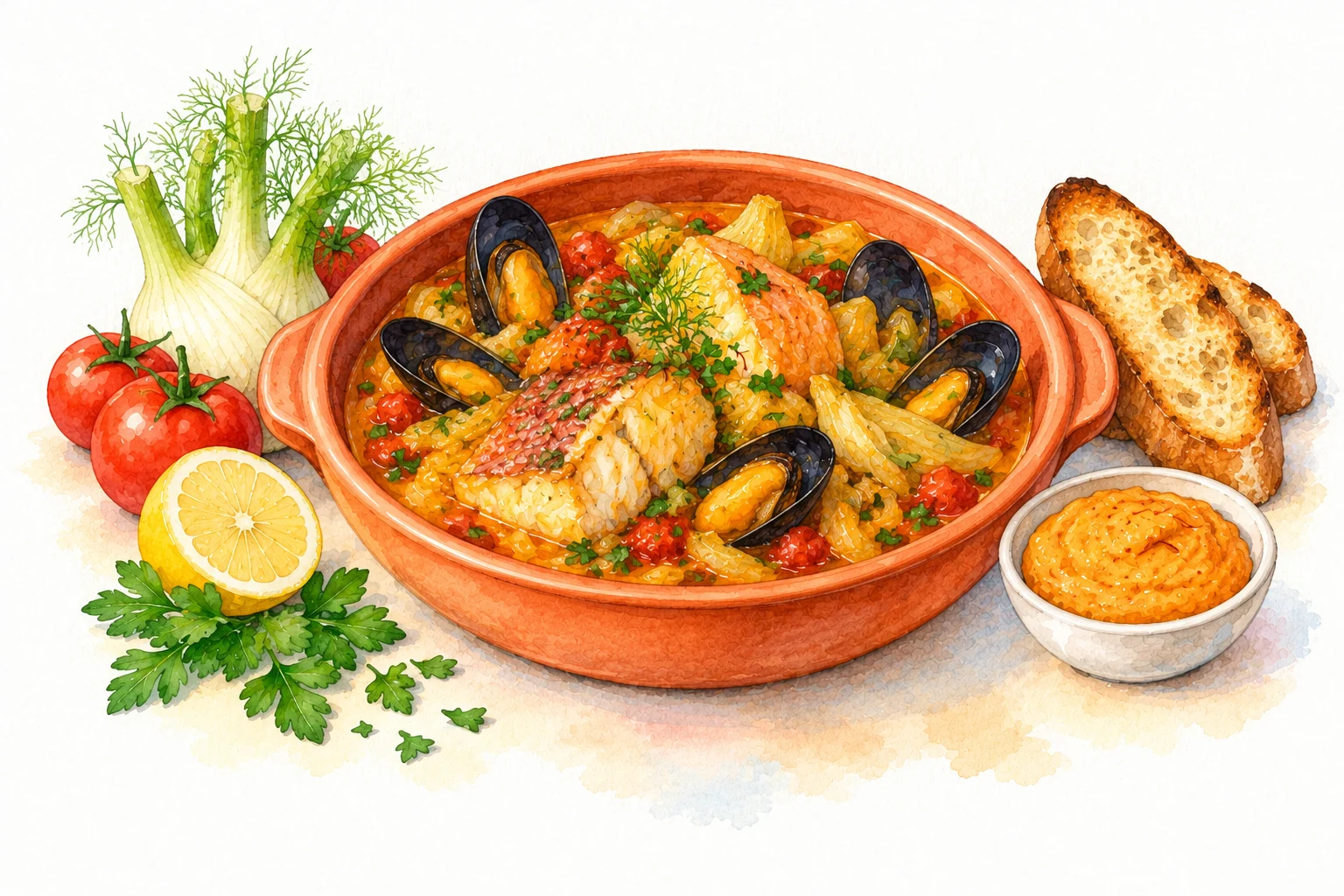 Bouillabaisse served in a rustic Mediterranean setting