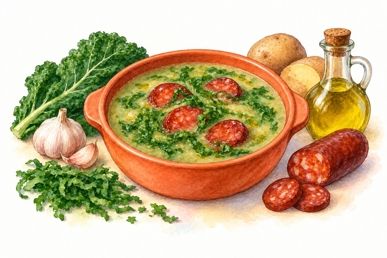 Caldo Verde served in a rustic Mediterranean setting