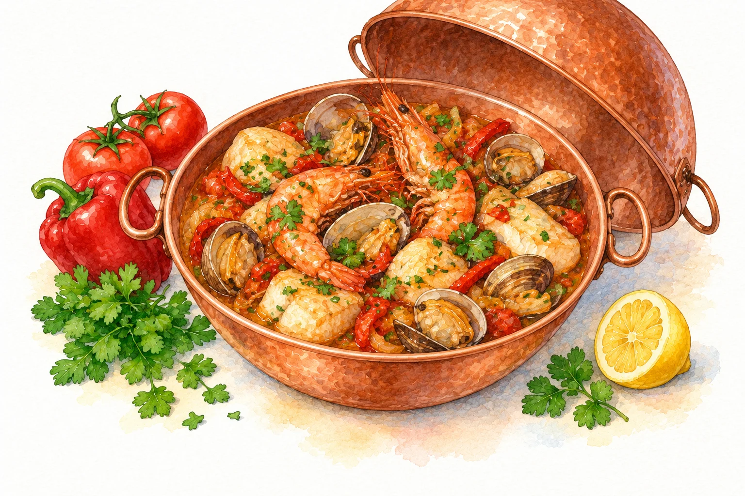 Cataplana de Marisco served in a rustic Mediterranean setting
