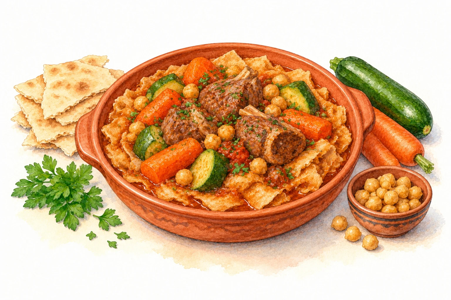 Chakhchoukha served in a rustic Mediterranean setting