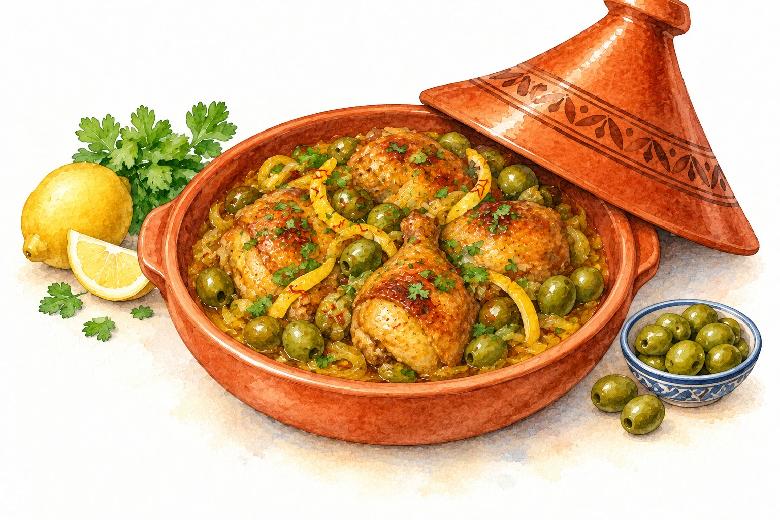 Chicken Tagine with Preserved Lemon and Olives served in a rustic Mediterranean setting