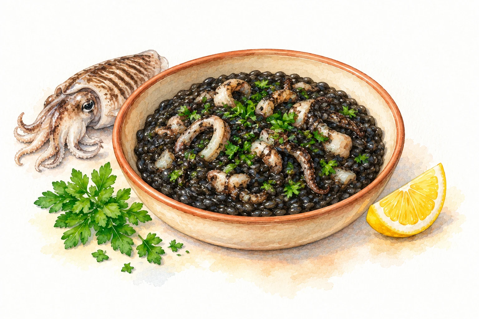 Crni Rižot served in a rustic Mediterranean setting