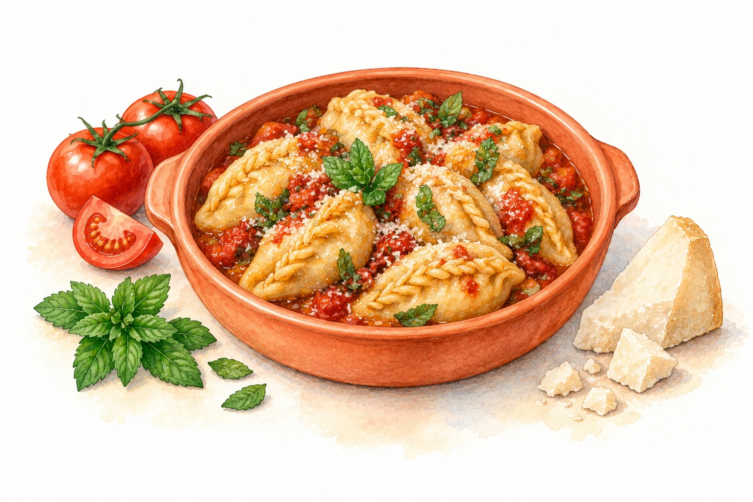 Culurgiones d'Ogliastra served in a rustic Mediterranean setting