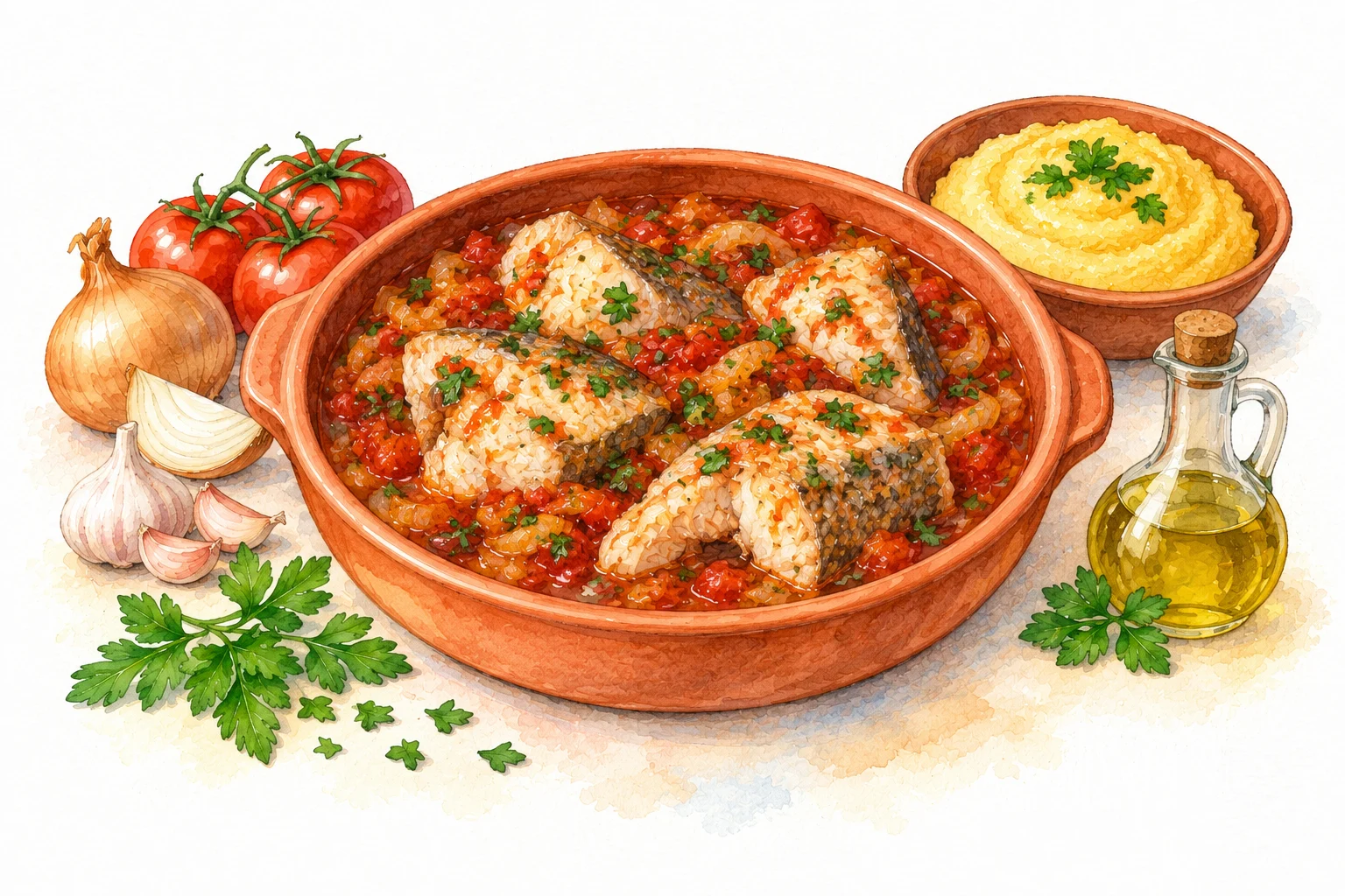 Dalmatian Brudet served in a rustic Mediterranean setting