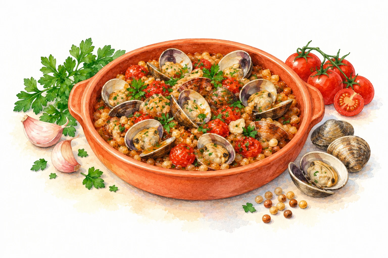 Fregola con Arselle served in a rustic Mediterranean setting