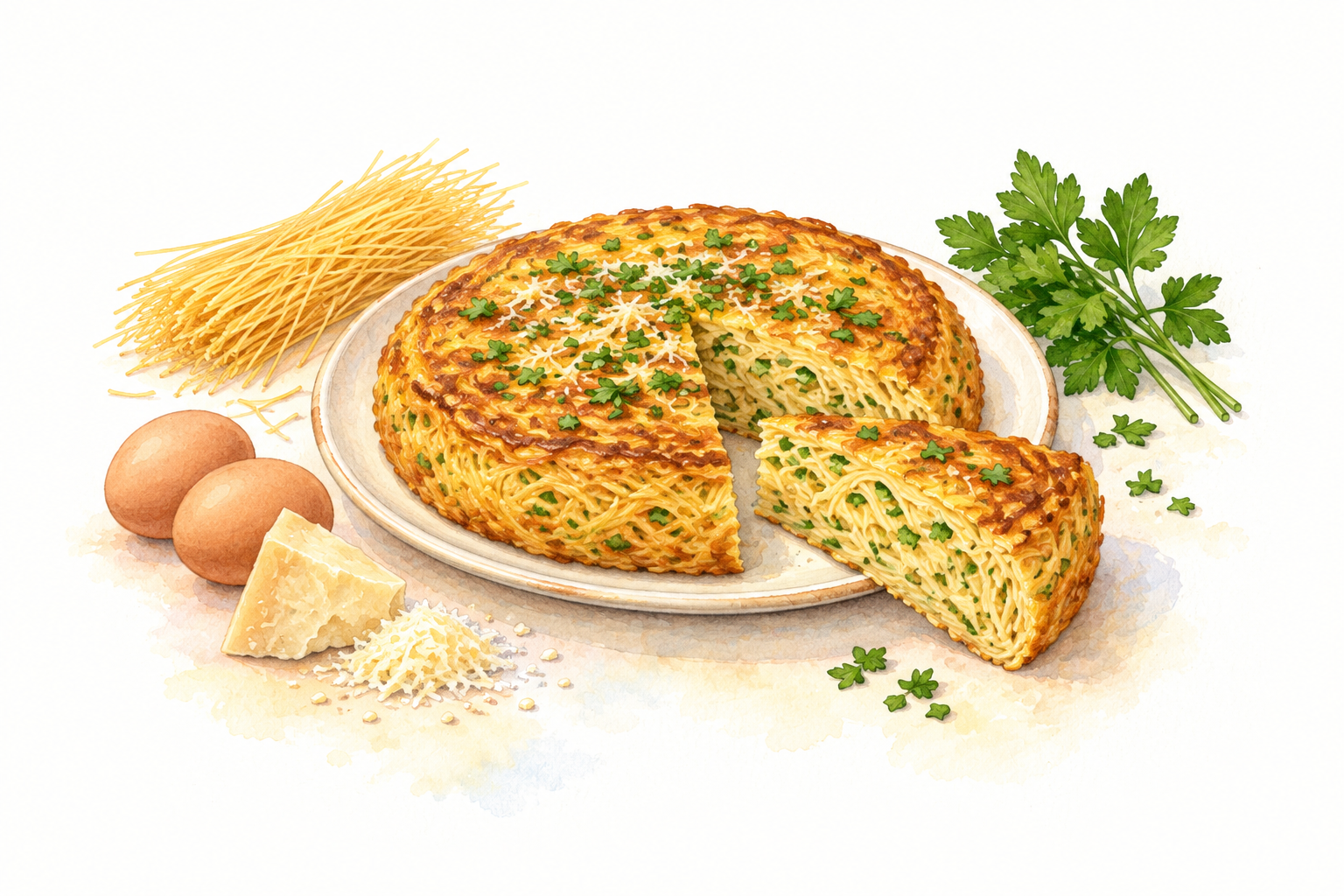Watercolour illustration of golden vermicelli omelette with a cut wedge showing fine pasta strands.