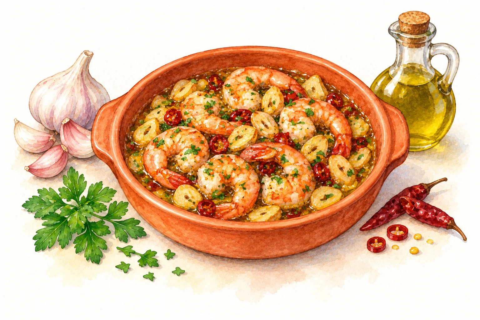 Gambas al Ajillo served in a rustic Mediterranean setting