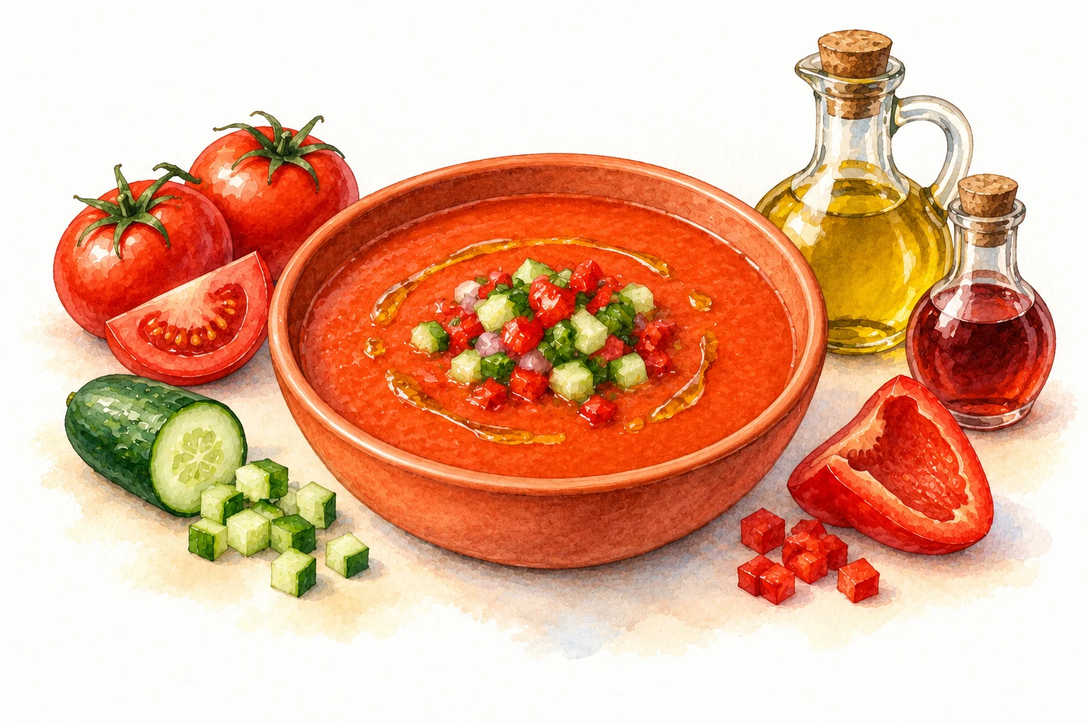 Gazpacho Andaluz served in a rustic Mediterranean setting