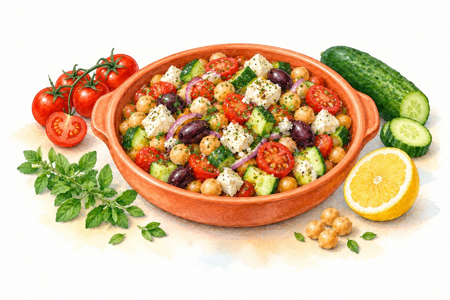 Greek chickpea salad with tomatoes, cucumber, feta and olives