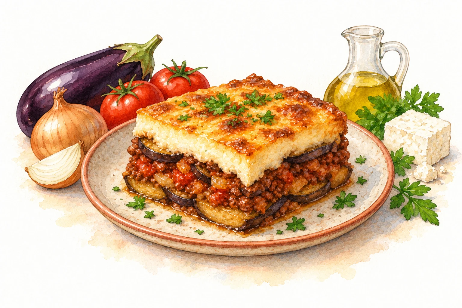 Greek Moussaka served in a rustic Mediterranean setting