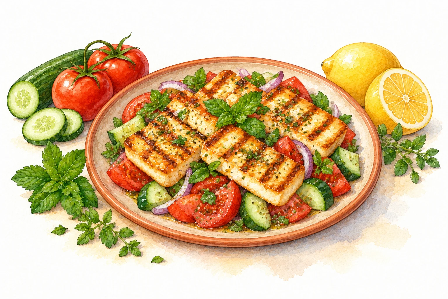 Grilled Halloumi served in a rustic Mediterranean setting
