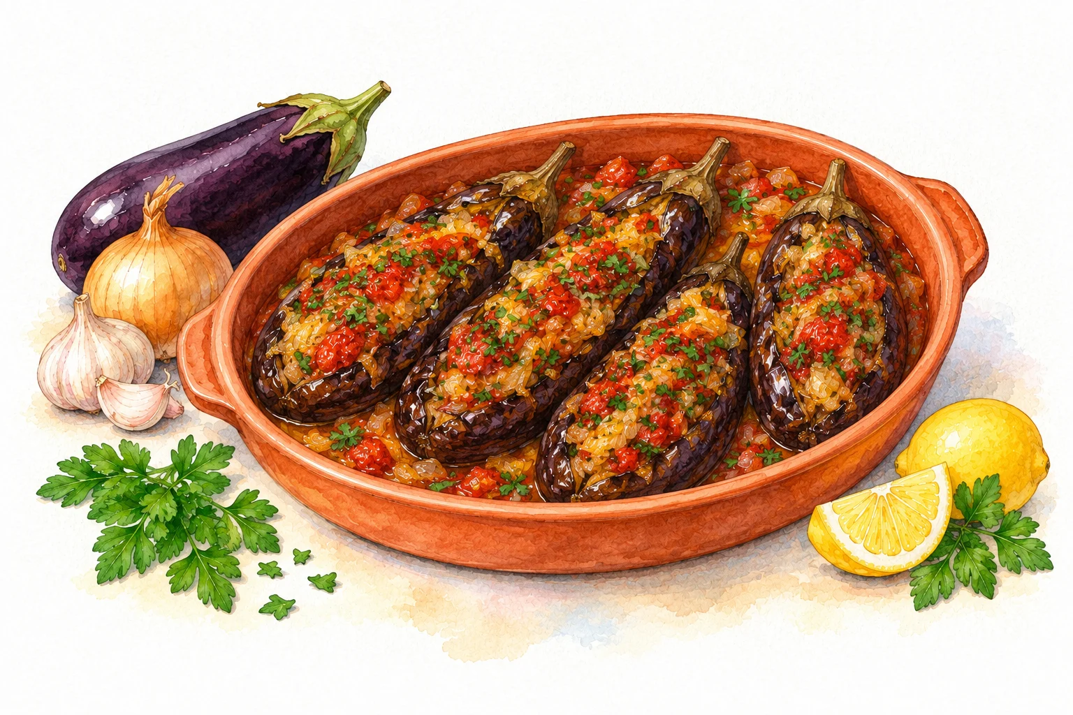 İmam Bayıldı served in a rustic Mediterranean setting
