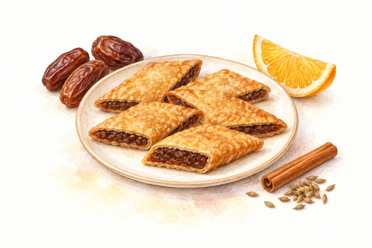 Watercolour illustration of diamond-shaped fried date pastries with orange and warm spices.