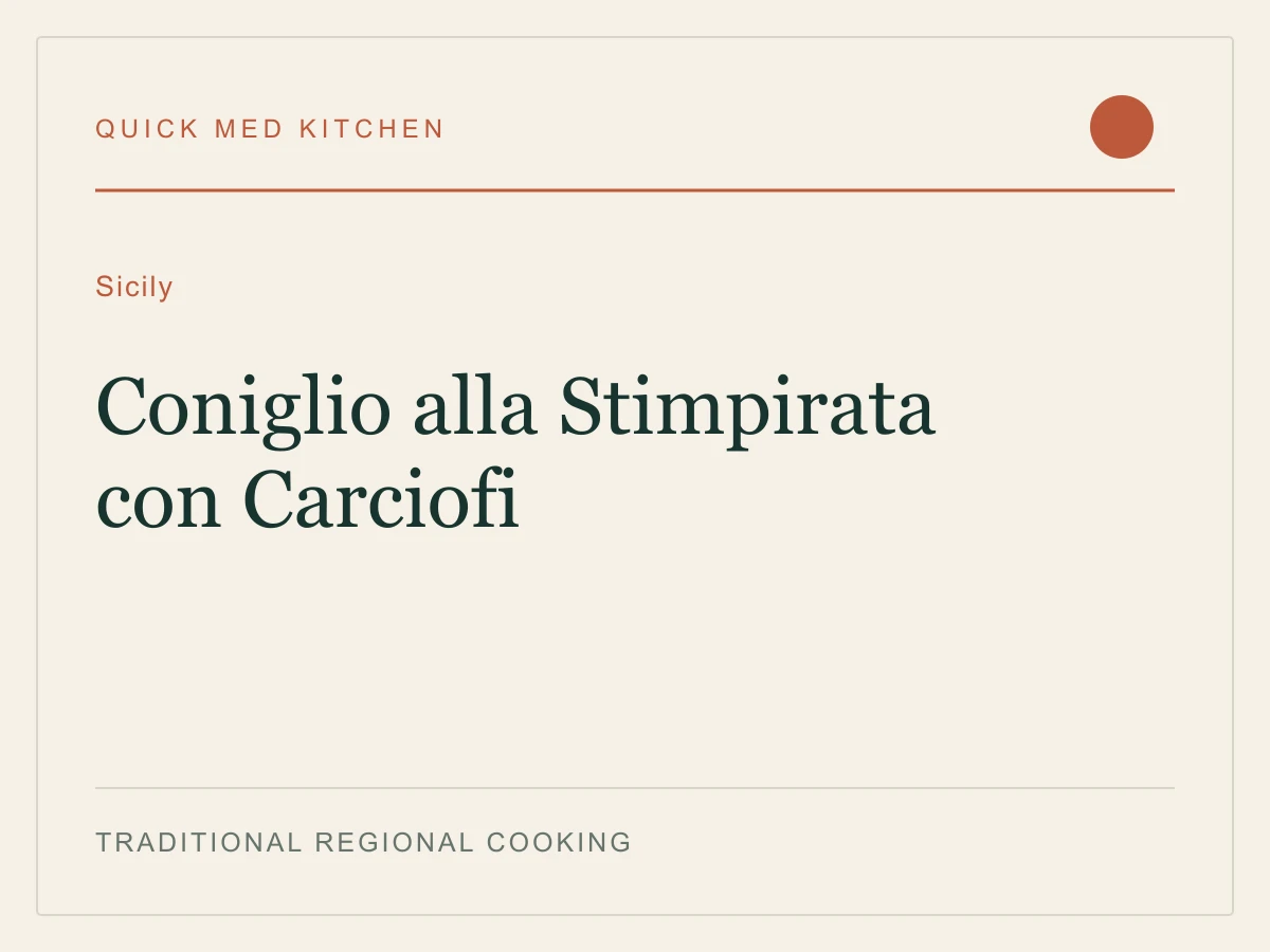 Editorial recipe cover for Coniglio alla Stimpirata con Carciofi, from Sicily
