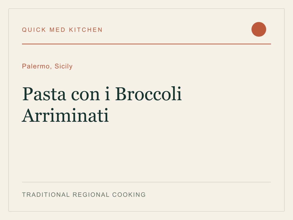 Editorial recipe cover for Pasta con i Broccoli Arriminati, from Palermo, Sicily