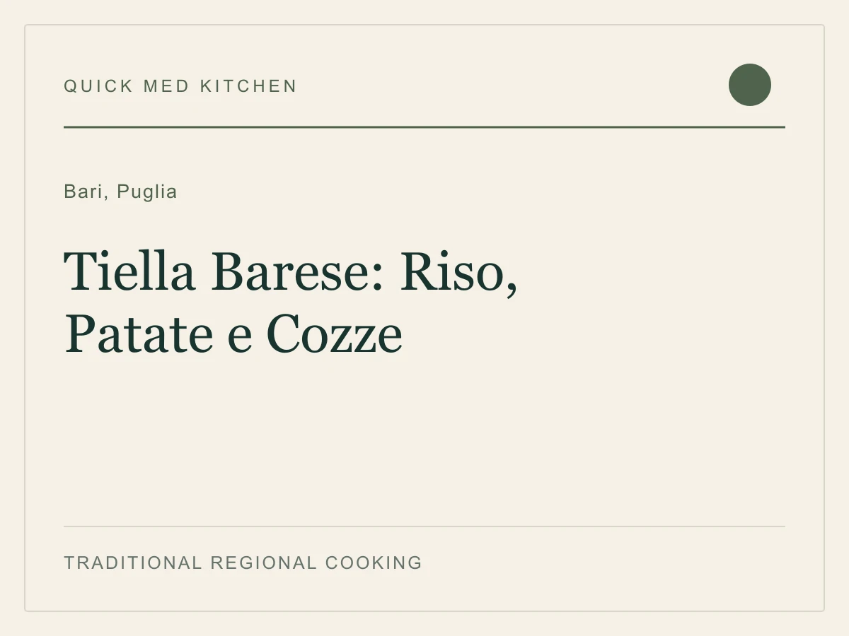 Editorial recipe cover for Tiella Barese: Riso, Patate e Cozze, from Bari, Puglia