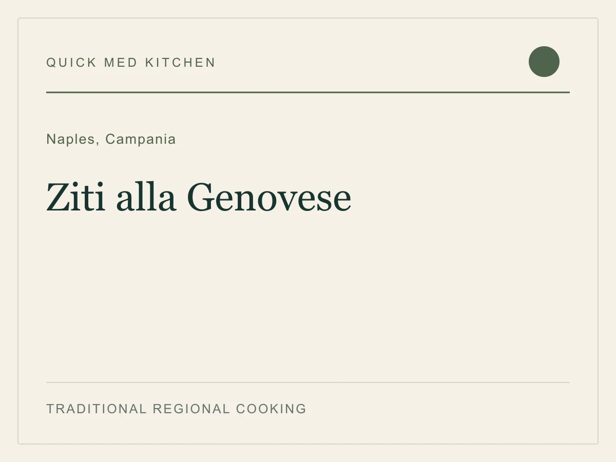 Editorial recipe cover for Ziti alla Genovese, from Naples, Campania