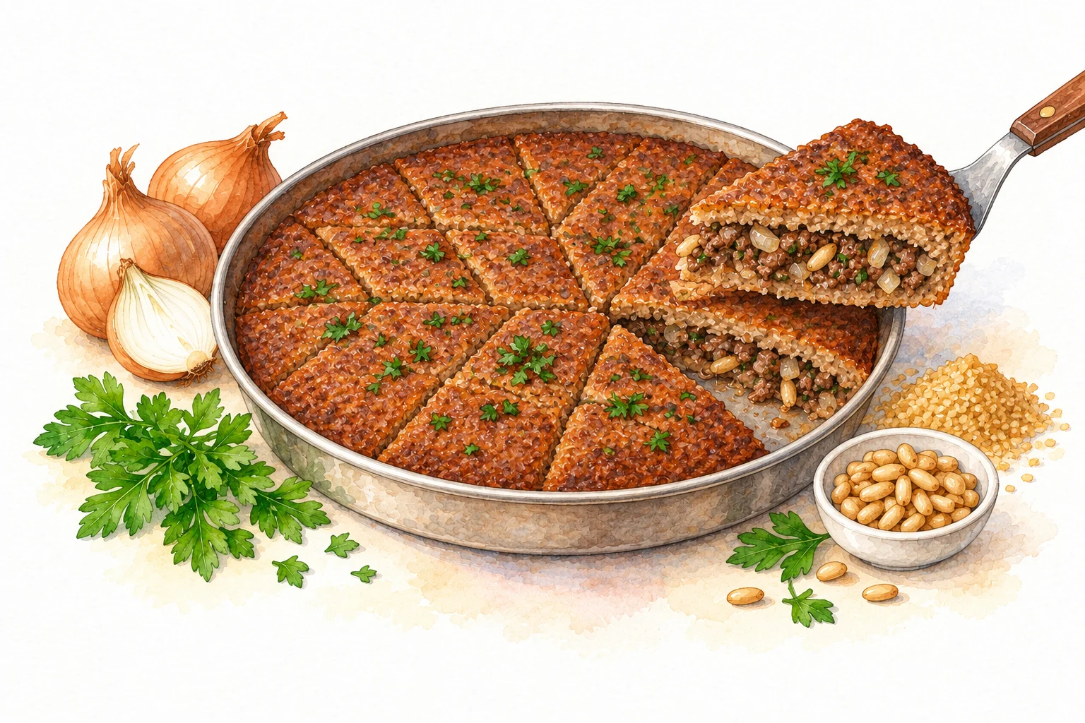 Kibbeh bil Sanieh served in a rustic Mediterranean setting