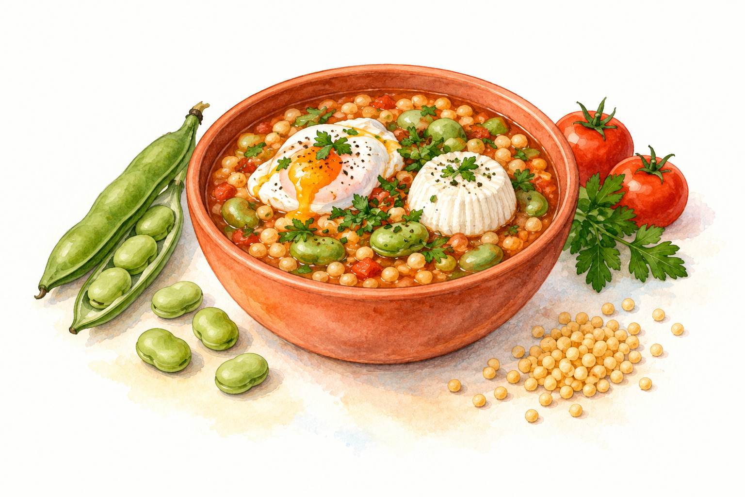 Watercolour illustration of broad bean and pasta-bead soup with a fresh cheeselet and poached egg.