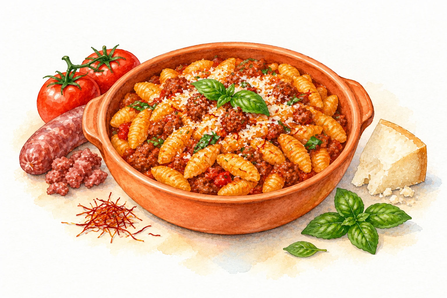 Malloreddus alla Campidanese served in a rustic Mediterranean setting