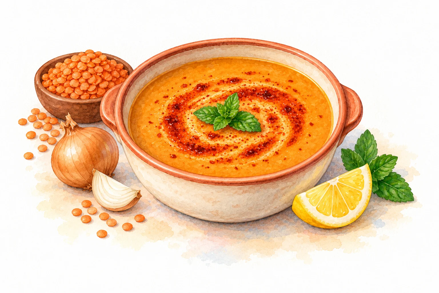 Mercimek Çorbası served in a rustic Mediterranean setting