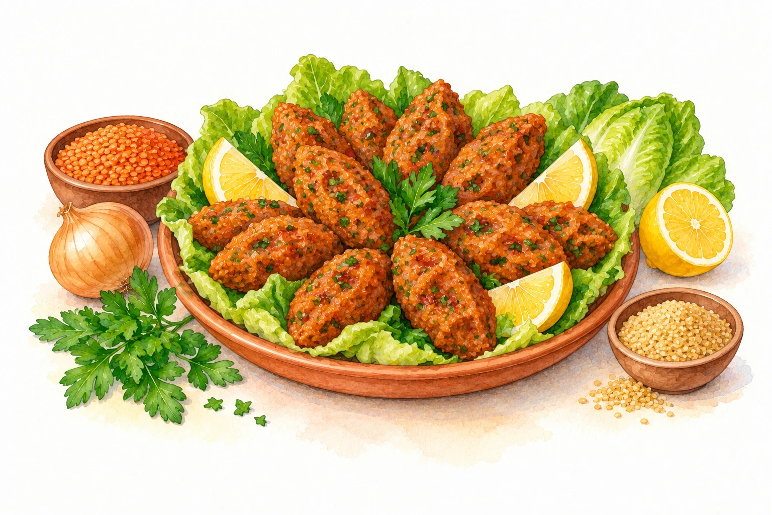 Mercimek Köftesi served in a rustic Mediterranean setting