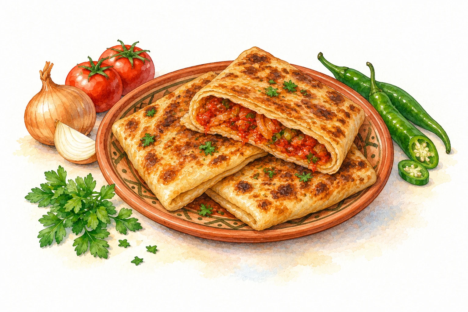 Mhadjeb served in a rustic Mediterranean setting