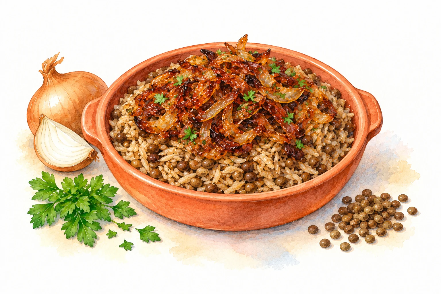 Mujaddara served in a rustic Mediterranean setting