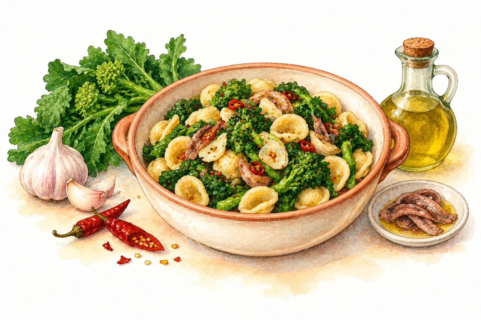 Orecchiette con Cime di Rapa served in a rustic Mediterranean setting