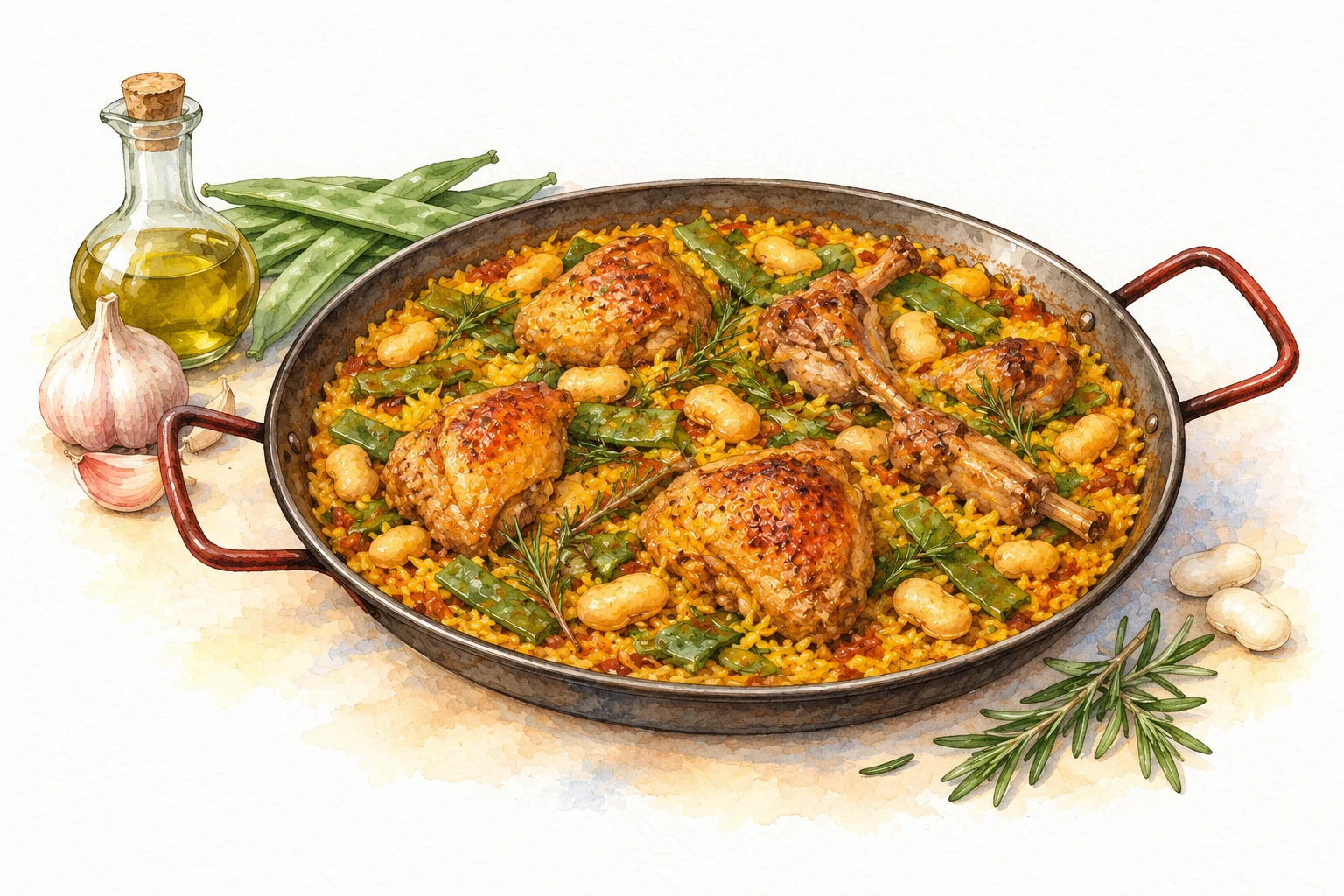 Paella Valenciana served in a rustic Mediterranean setting
