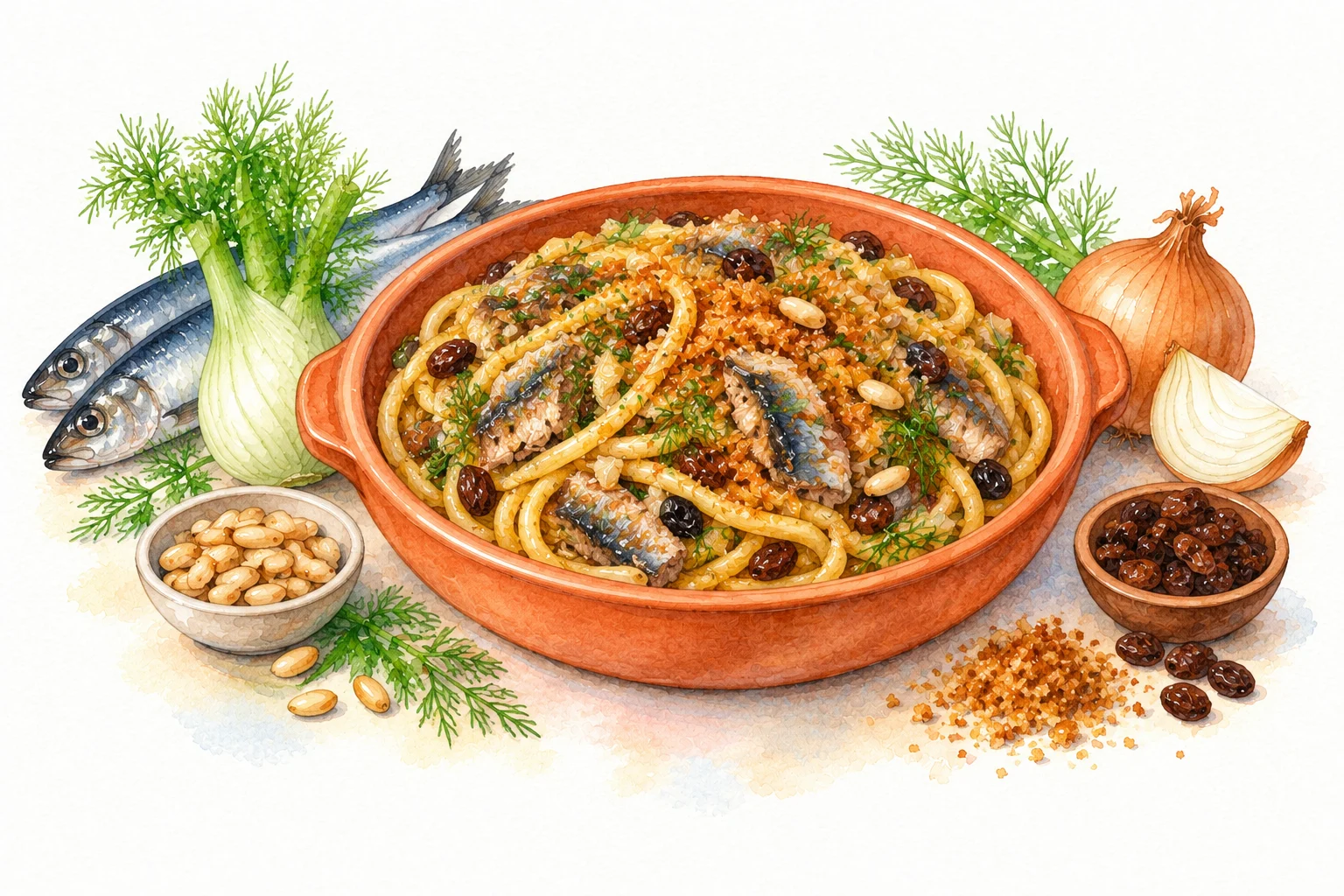 Pasta con le Sarde served in a rustic Mediterranean setting