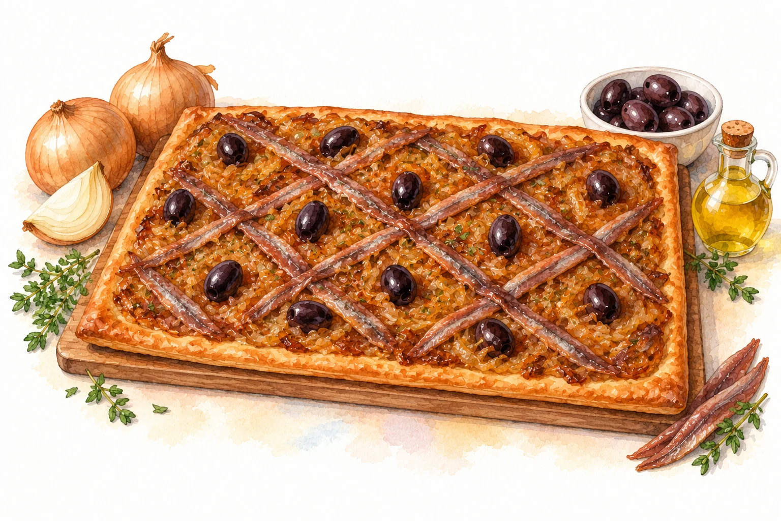 Pissaladière served in a rustic Mediterranean setting