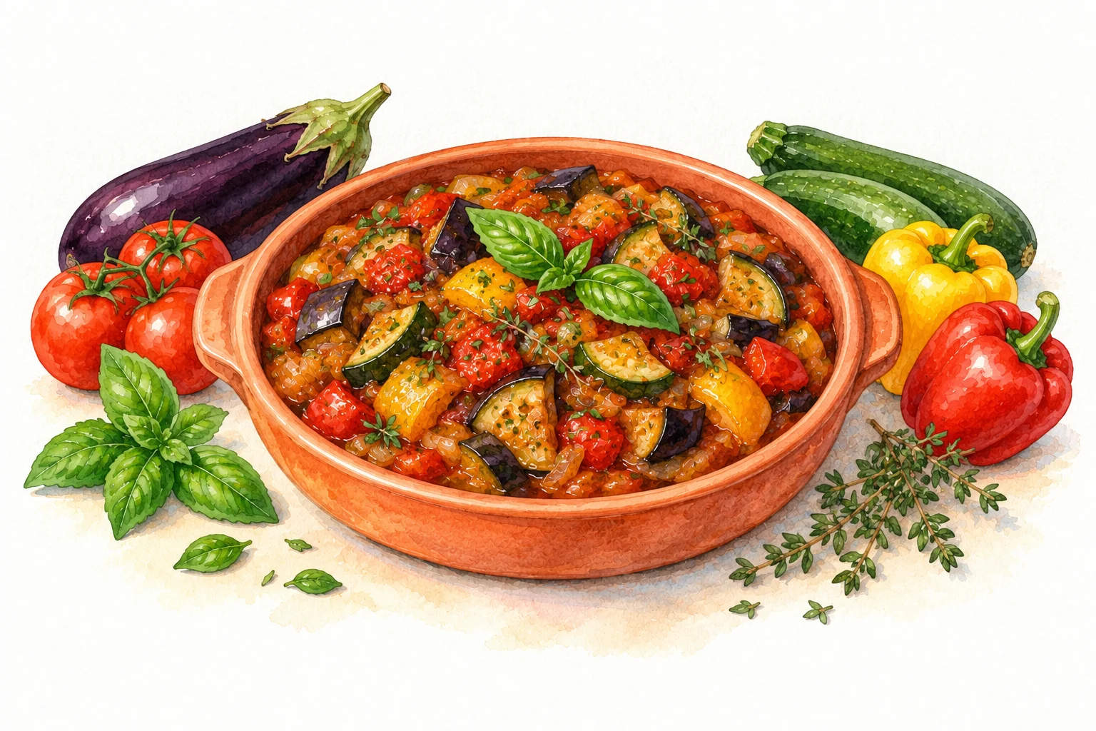 Ratatouille Niçoise served in a rustic Mediterranean setting