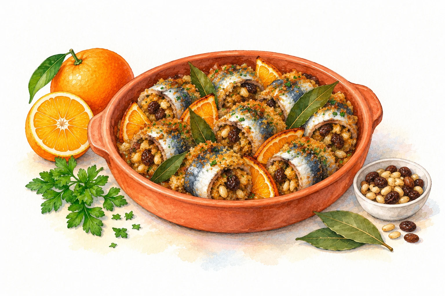 Sarde a Beccafico served in a rustic Mediterranean setting