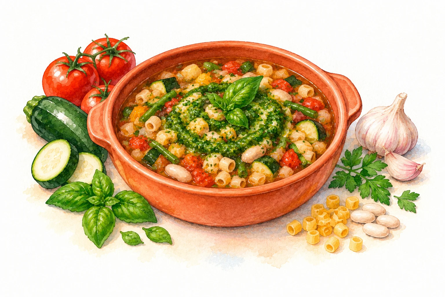 Soupe au Pistou served in a rustic Mediterranean setting