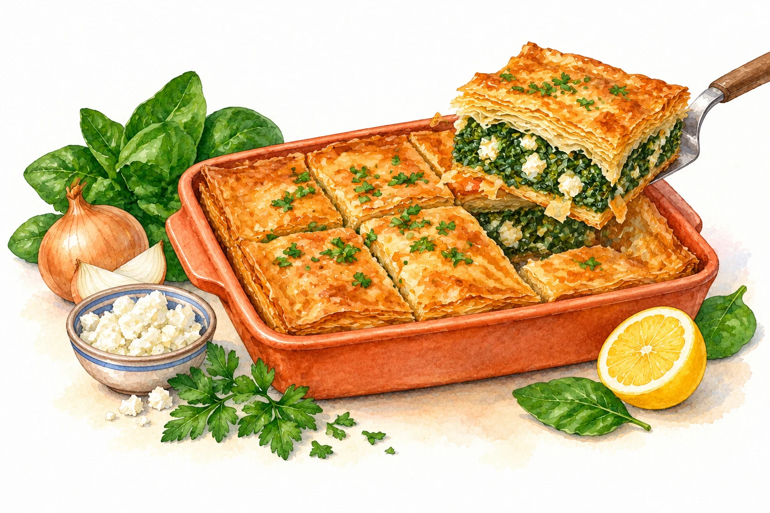 Spanakopita served in a rustic Mediterranean setting