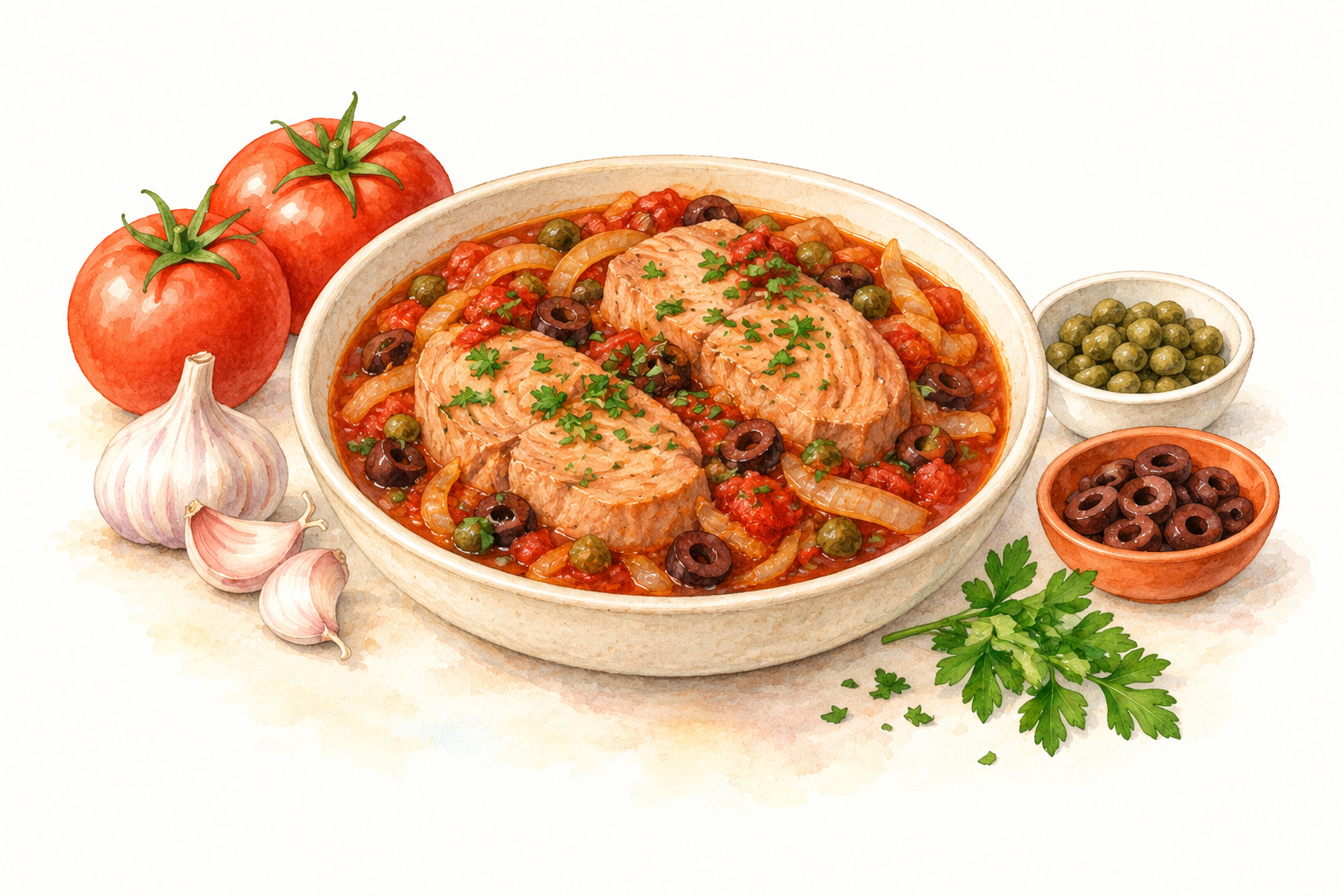 Watercolour illustration of tuna steaks in tomato sauce with olives, capers and parsley.