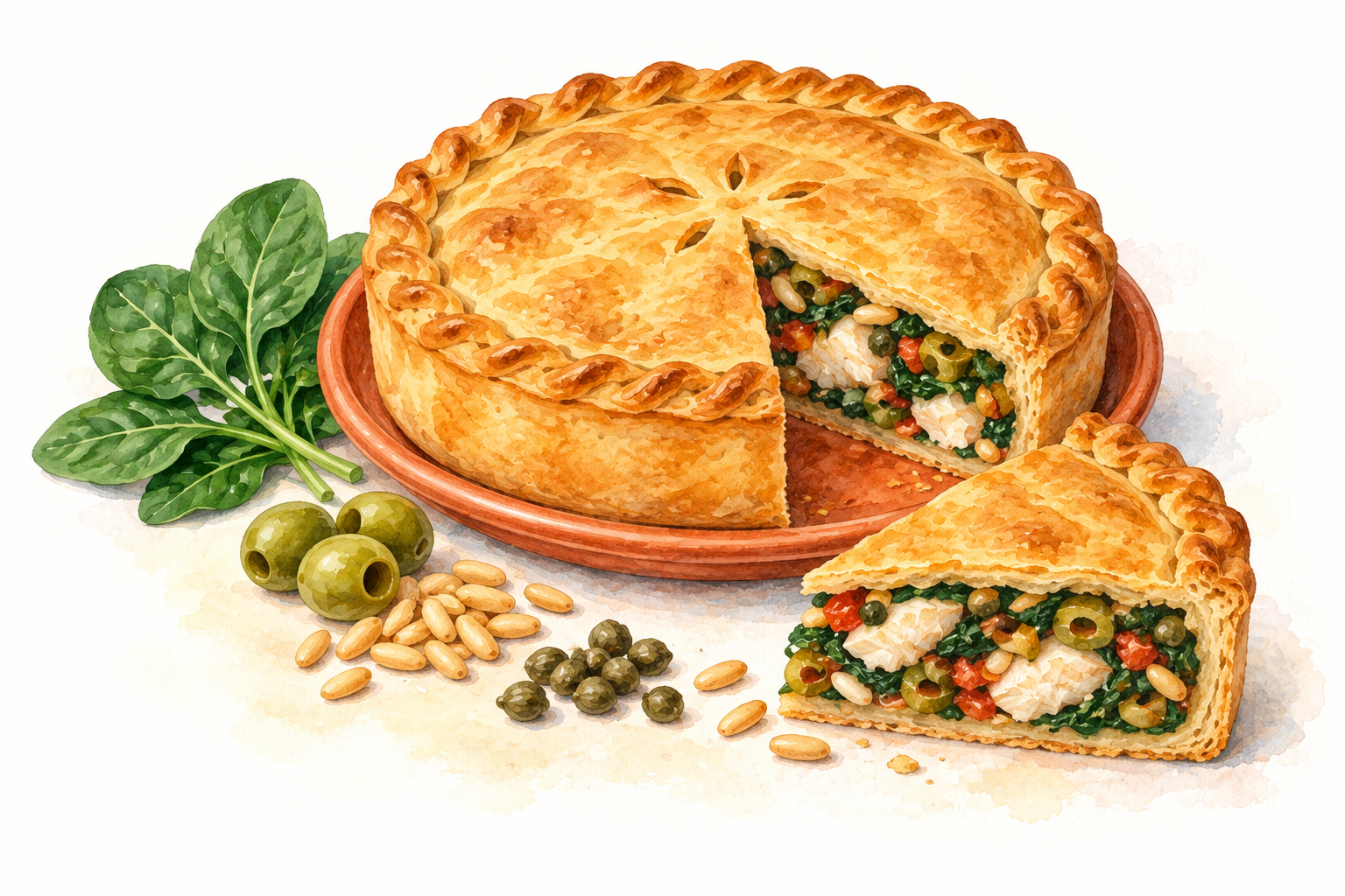 Watercolour illustration of a sliced lampuki pie filled with fish, spinach, olives and tomato.