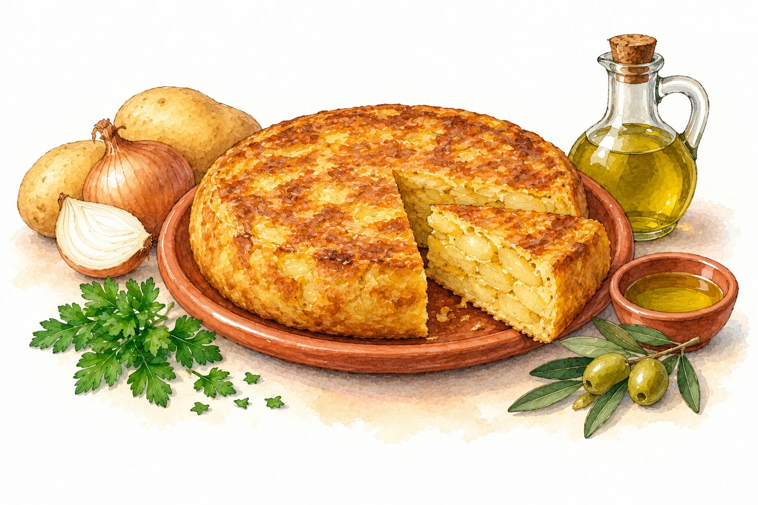 Tortilla Española served in a rustic Mediterranean setting