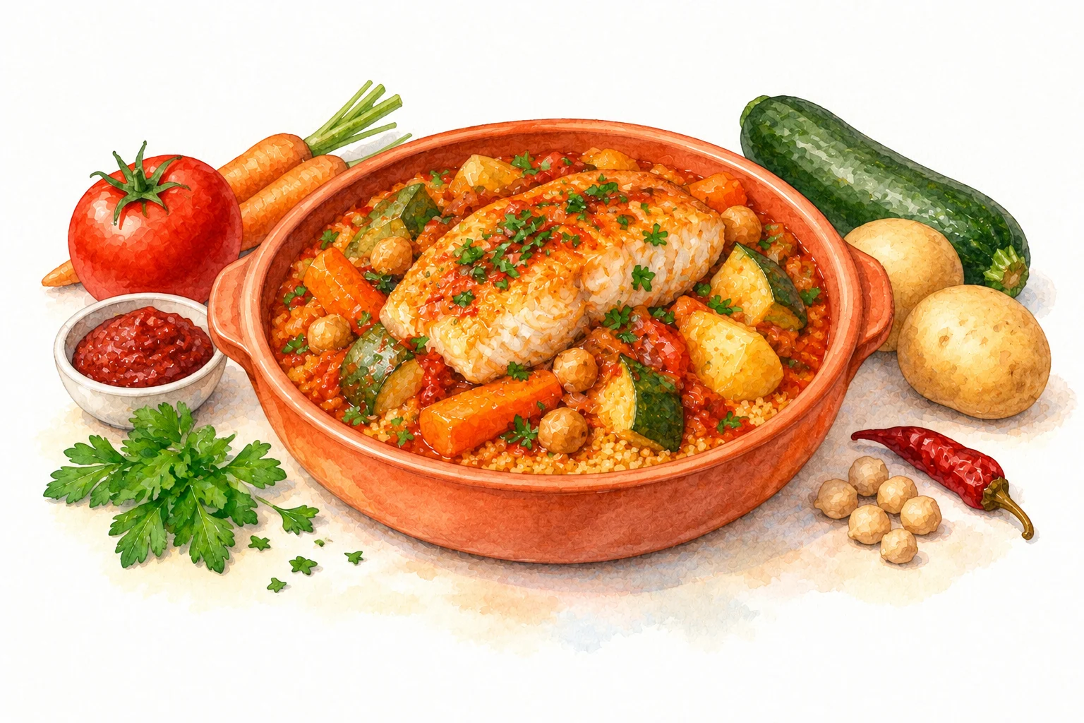 Tunisian Fish Couscous served in a rustic Mediterranean setting