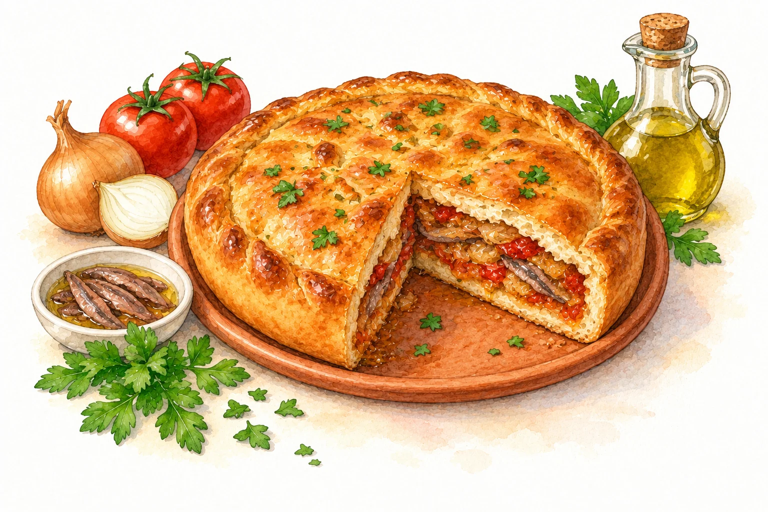 Viška Pogača served in a rustic Mediterranean setting