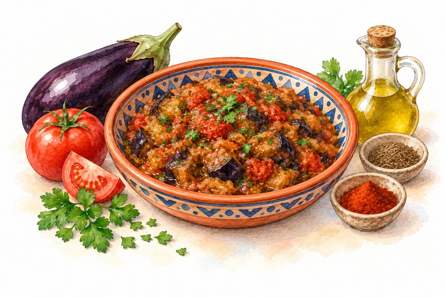Zaalouk served in a rustic Mediterranean setting